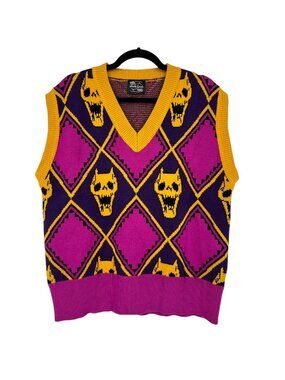 Steady Hands Deadly Queen Skull Knit Sweater Vest Purple Magenta Yellow Size M/L